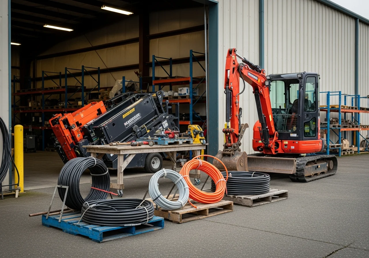 Trench-digging equipment and underground utility installation tools staged at a job site, ready for service.