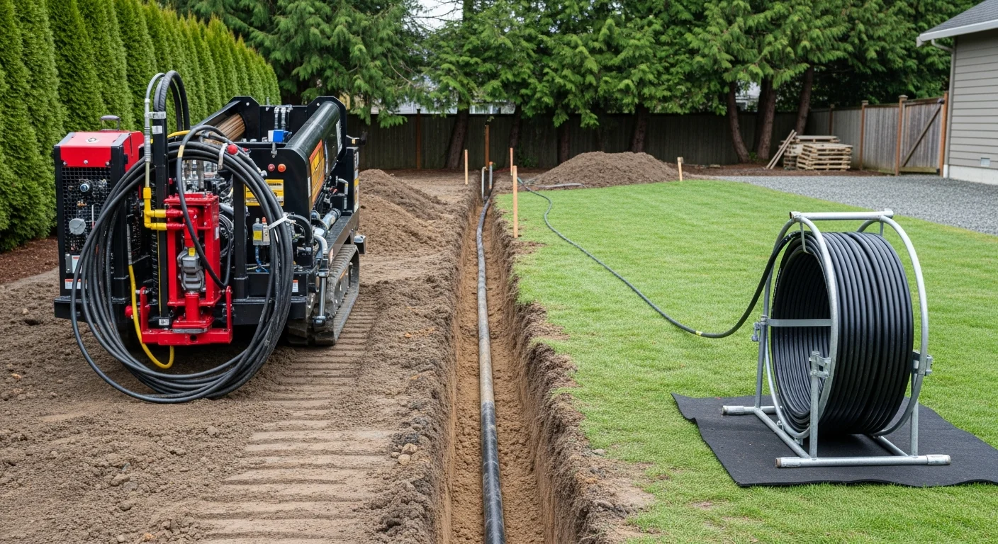 Underground utility line installation in residential yard