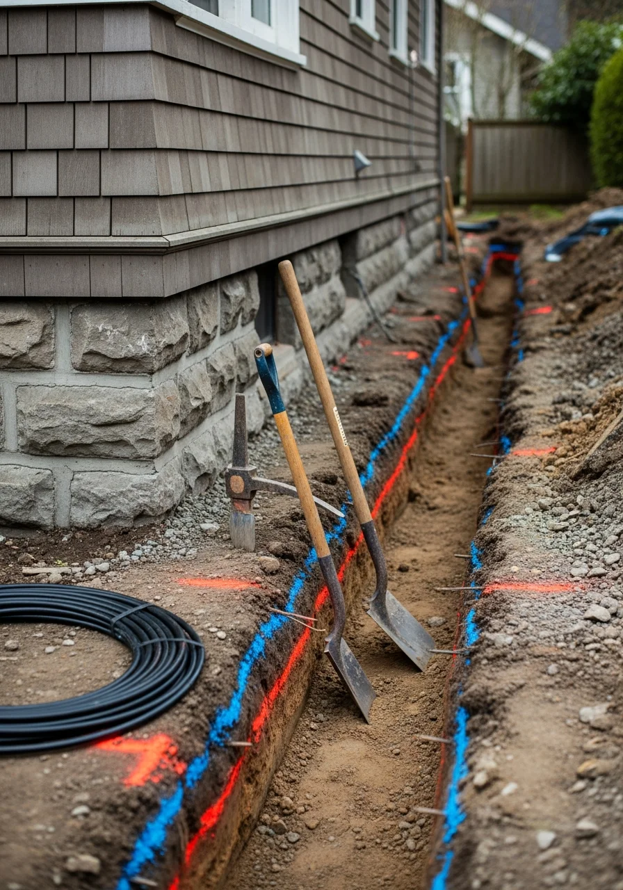 Close-up of skilled tradesperson inspecting foundation work on a Seattle home during daylight hours.