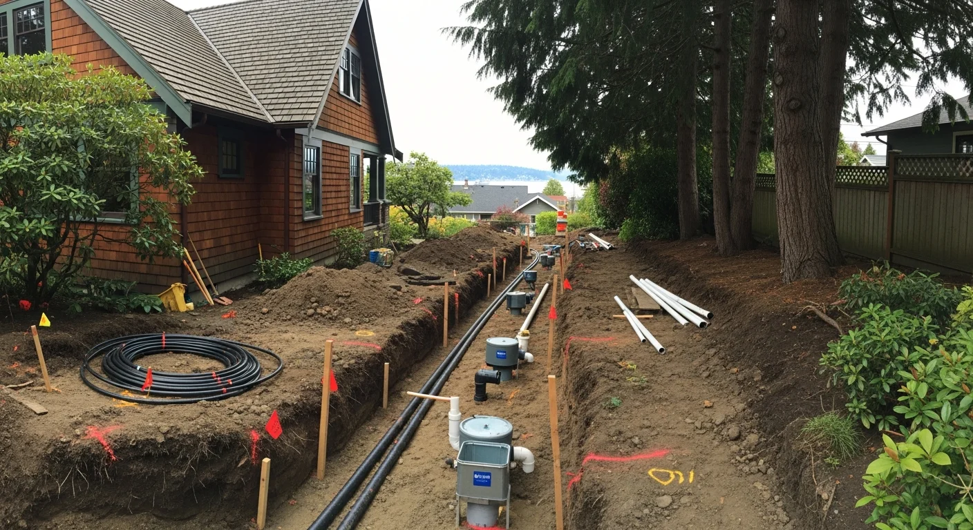 Professional crew working on a residential property in Seattle's Ballard neighborhood with Puget Sound views in the background.
