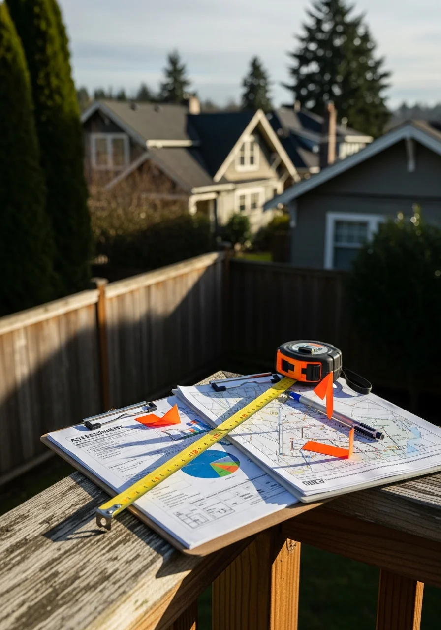Tradesperson measuring and assessing a residential property in a Snohomish County neighborhood.