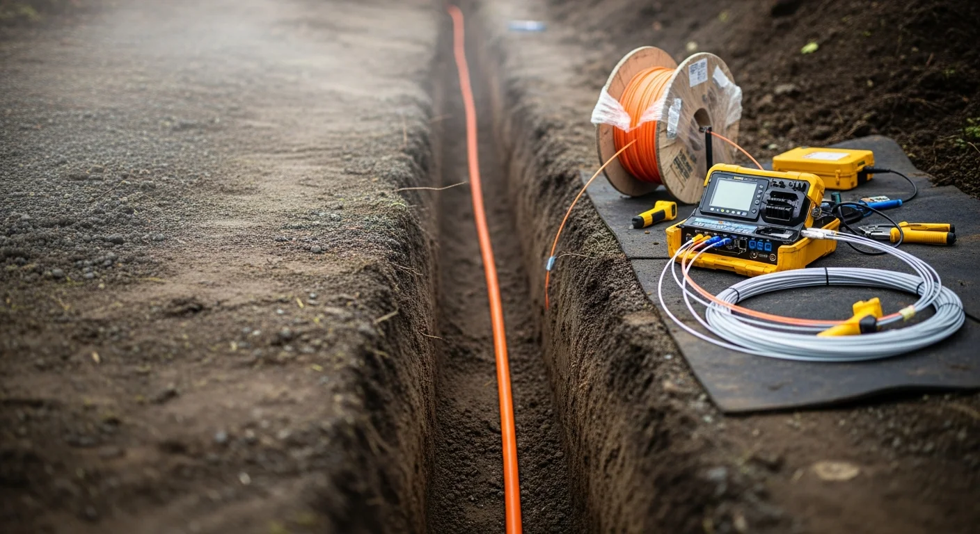 Underground UE crew placing fiber optic conduit in an open trench at a commercial utility installation site in Seattle. Excavated urban corridor shows conduit run staged for cable pull with city infrastructure visible in the background.