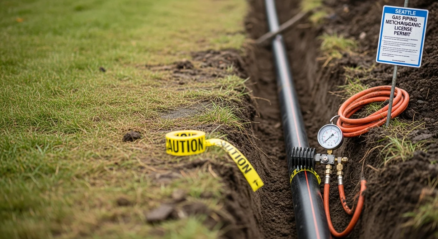 A licensed utility installer from Underground UE connecting a new gas line at a Seattle residential property, with pipe fittings and shutoff valve visible at the meter connection point. The surrounding soil shows the dense, rocky ground typical of the Puget Sound area after trenching for an underground gas service run.
