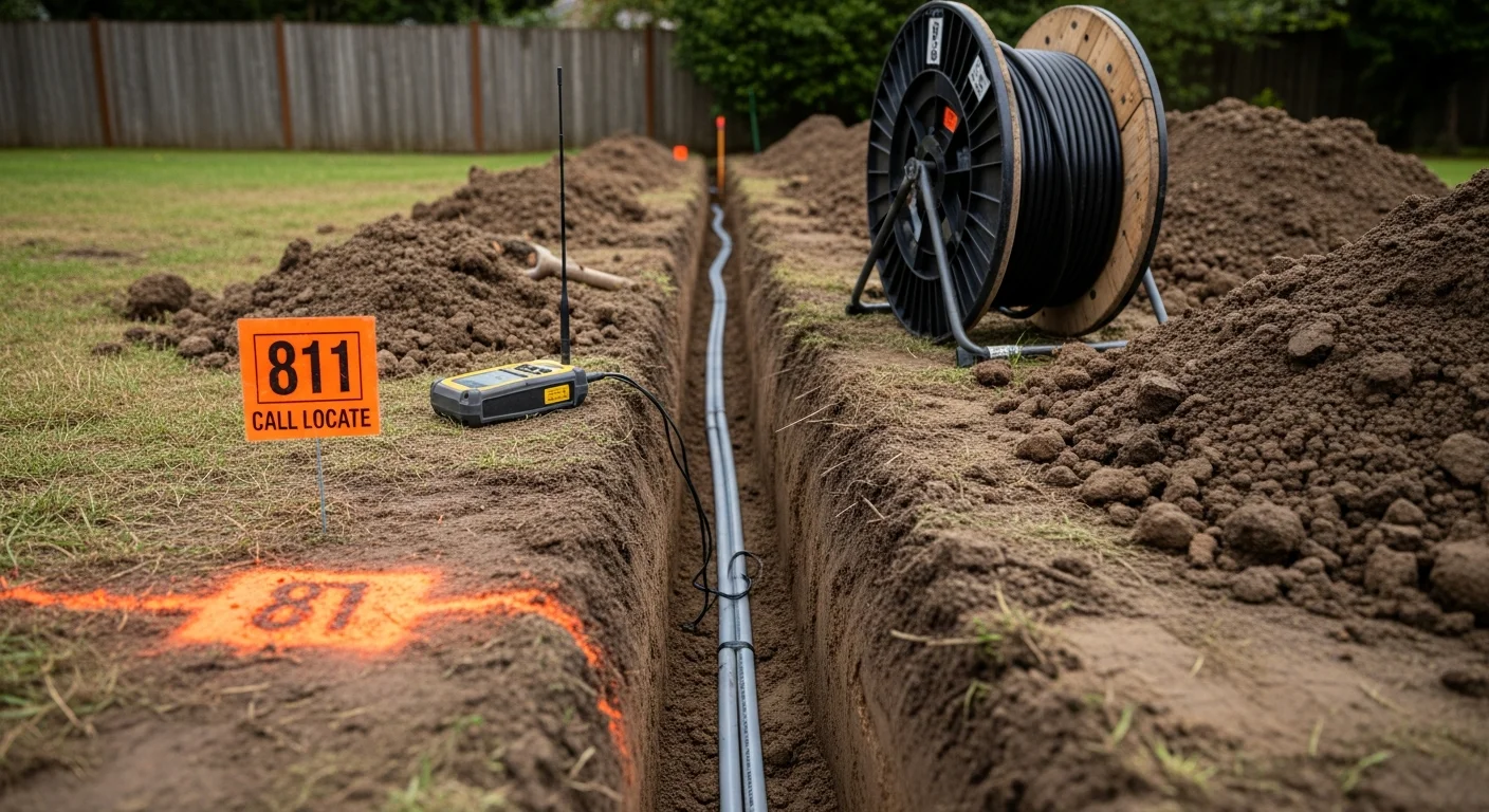 A freshly trenched yard at a Seattle residential property showing conduit laid in a straight trench line leading from the meter riser toward the street connection point. The surrounding clay soil is visible along the trench walls, with the conduit positioned for underground electric service installation.
