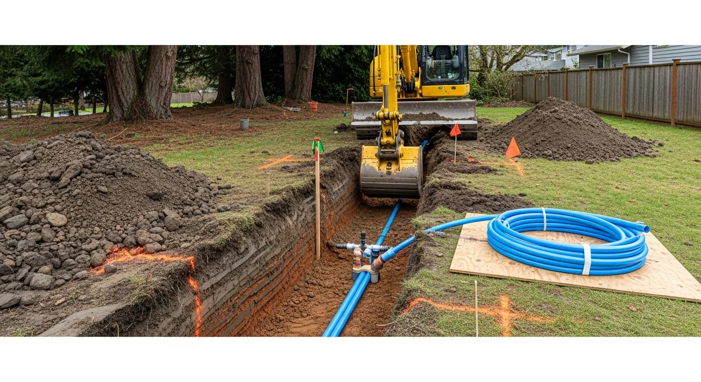 A freshly excavated trench at a Seattle residential property showing a newly installed underground utility line bedded in compacted material before backfill. A crew member inspects pipe depth and alignment on a sloped lot with dense soil walls visible on either side of the trench.