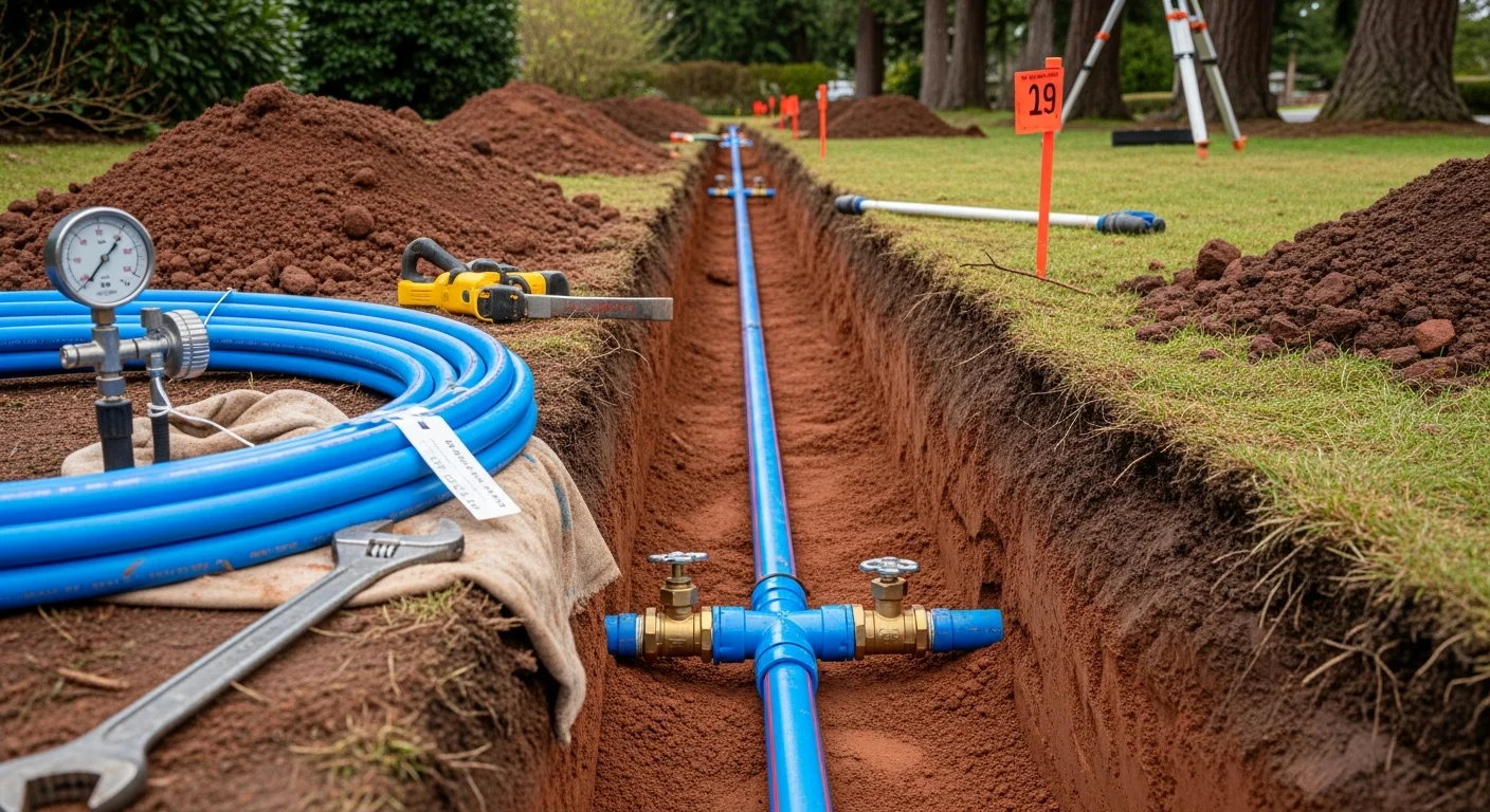 A freshly excavated trench on a Seattle residential property showing a newly installed underground water service line running from the city connection toward the home's foundation. The surrounding clay soil and sloped yard reflect typical Seattle site conditions.